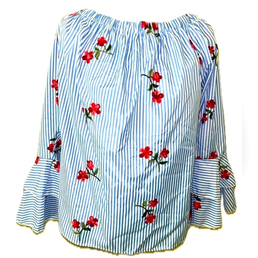NWT Flores off the shoulder, blue & white striped embroidered top, 3X